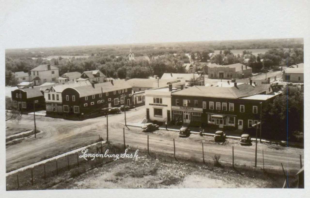 Aerial view of Langenburg's main street, about 1940s